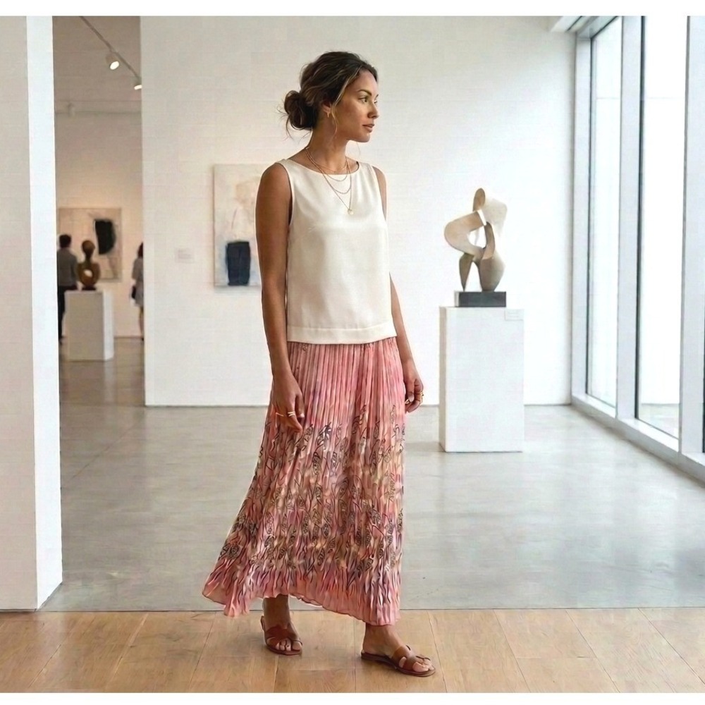Rafael Pleated Maxi Skirt XL Pink Coral Floral Boho Broomstick Crinkle Chiffon